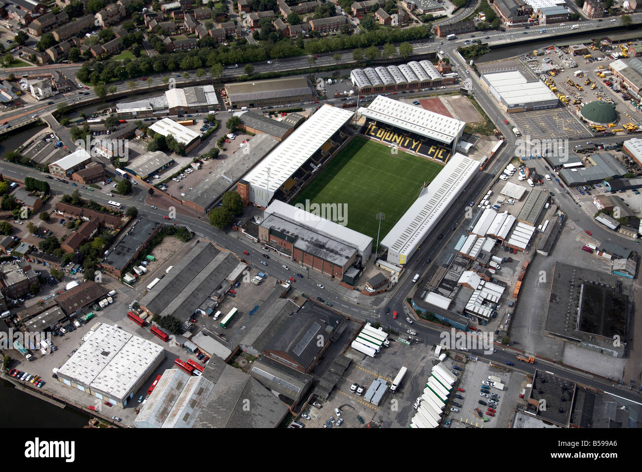 Aerial view north west of Notts County Football Club Iremonger Road Meadow Lane suburban houses England NG2 UK High level obliqu Stock Photo