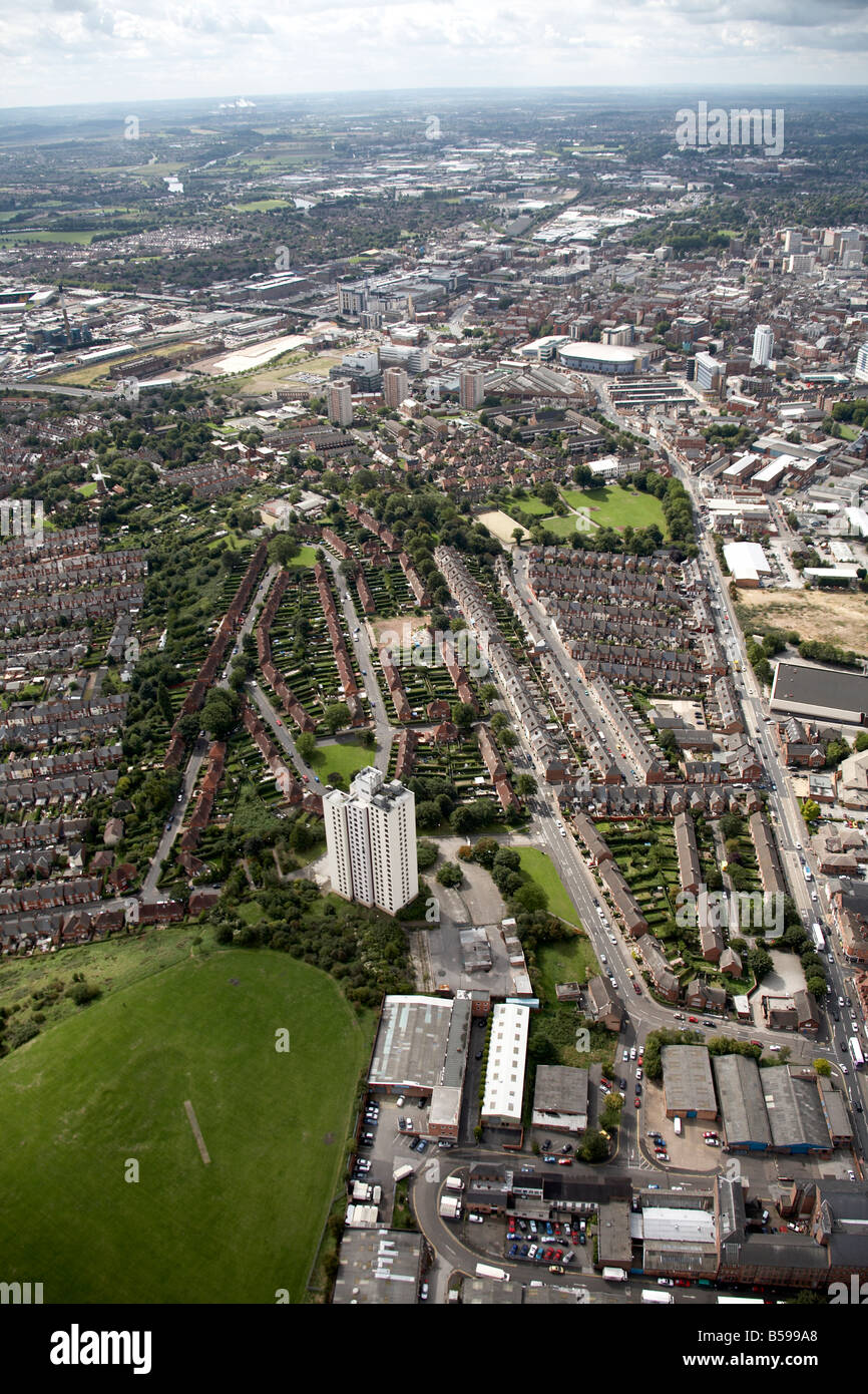 Aerial view south west of suburban houses and tower blocks Green s Mill parklands Windmill Lane Carlton Road Nottingham NG1 Engl Stock Photo