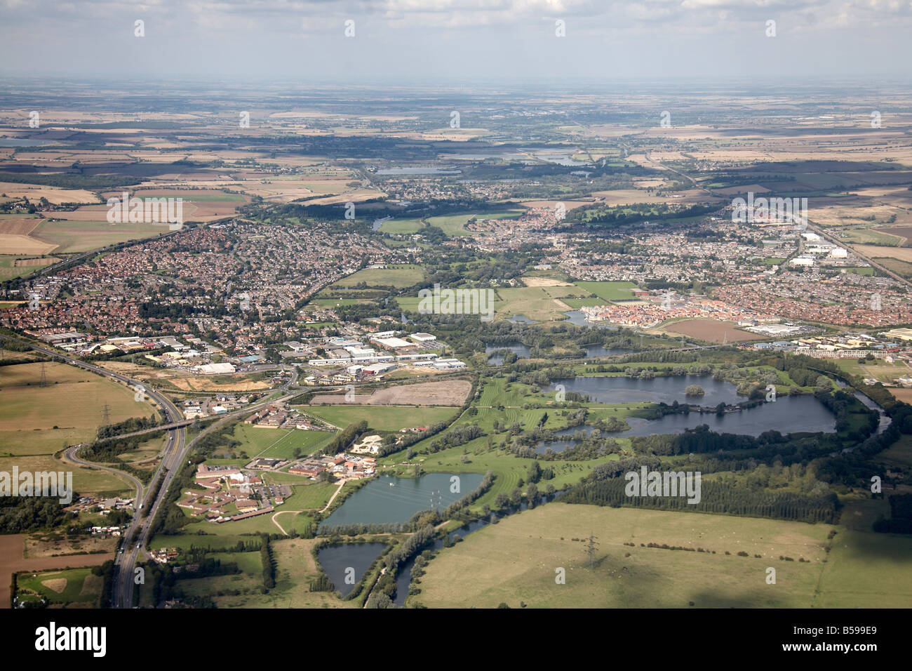 Aerial view north east of Wyboston Lakes Golf Club country suburnan houses Great Northern Road A1 St Neots Cambridgeshire Englan Stock Photo