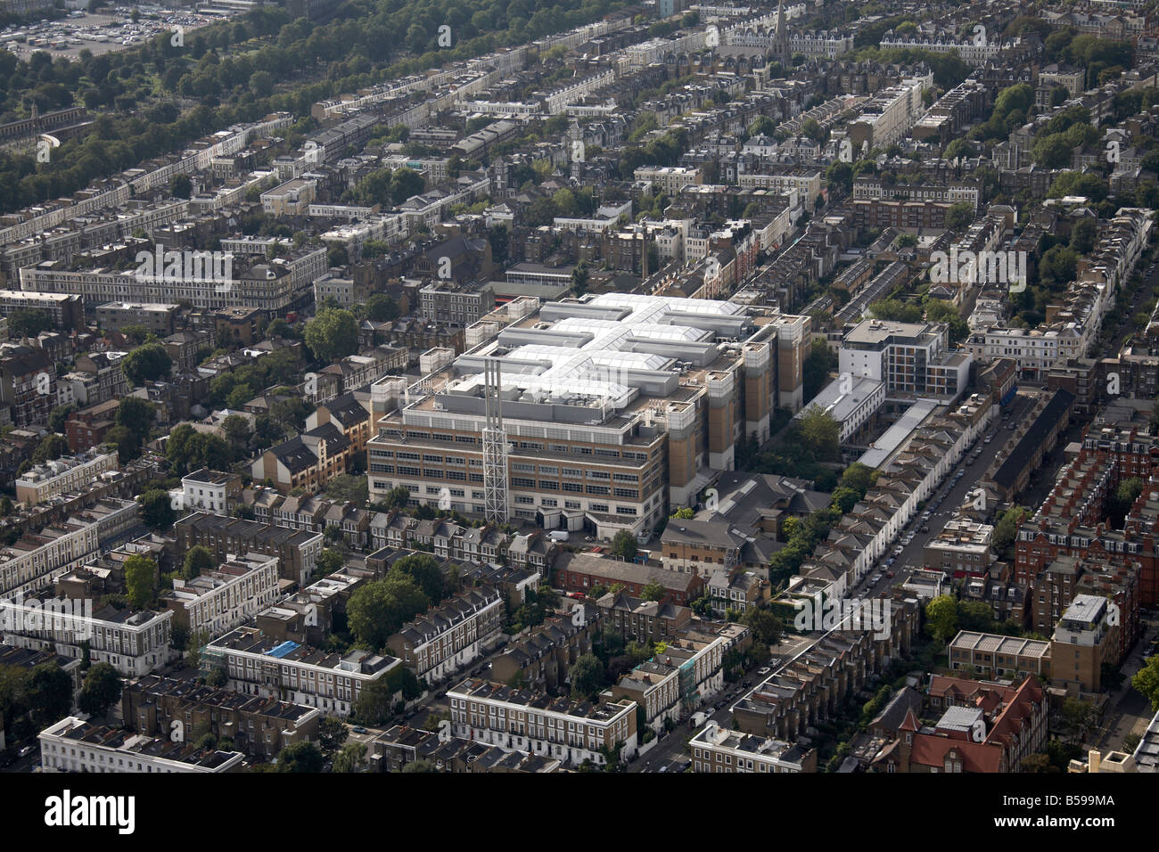 Aerial view north west of Chelsea and Westminster Hospital Limerston St Gertrude St suburban houses West Brompton London SW10 UK Stock Photo
