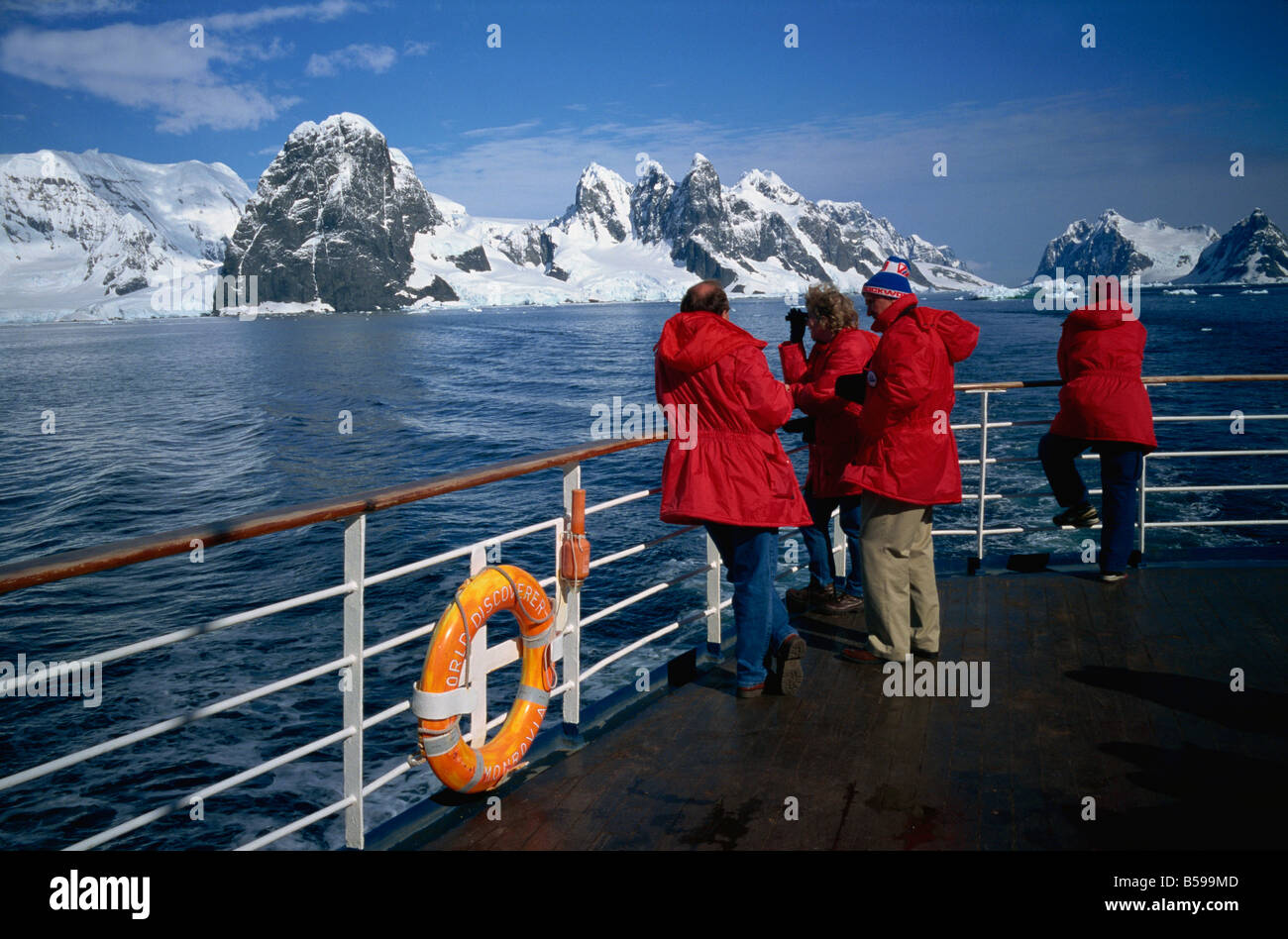 Tourists on ship Lemaire Channel Antarctic Peninsula Polar Regions Stock Photo