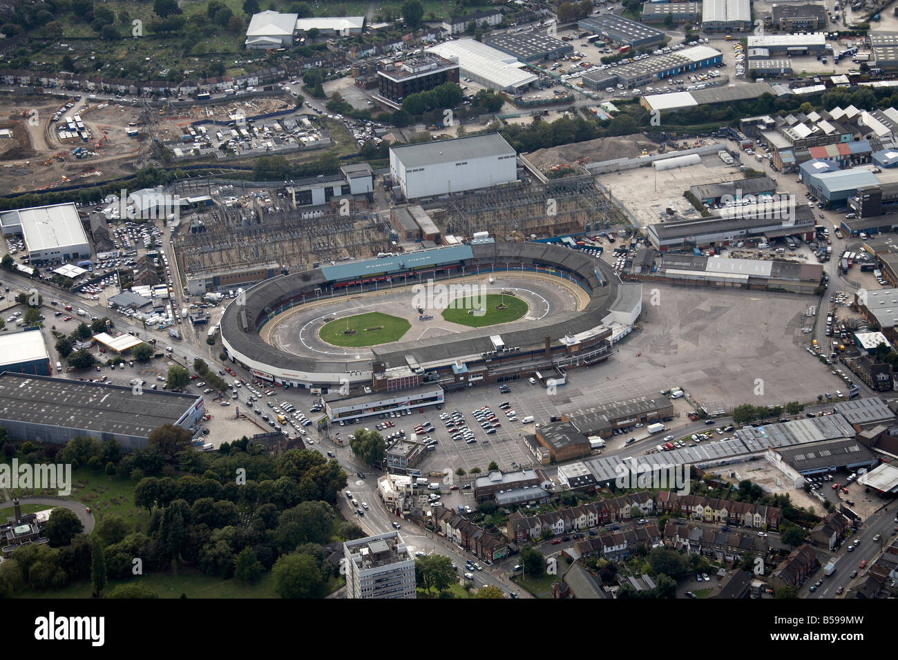 Aerial view west of Wimbledon Stadium Greyhound Race Track Business Centre factory construction work Plough Lane Summerstown Lon Stock Photo