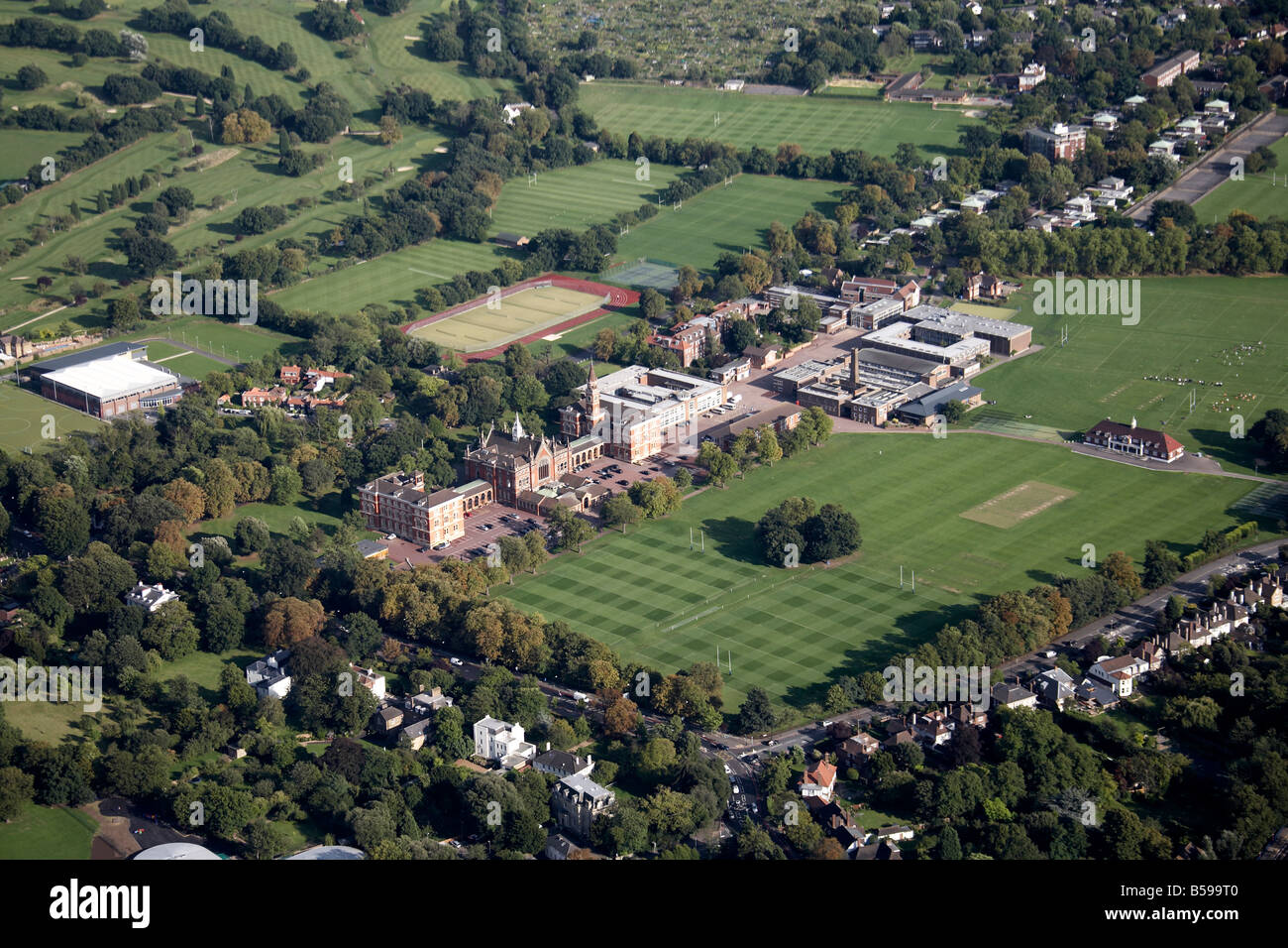 Aerial view south east of Dulwich College playing fields tennis courts Alleyn Park Road Dulwich Common A205 road London SE21 UK Stock Photo