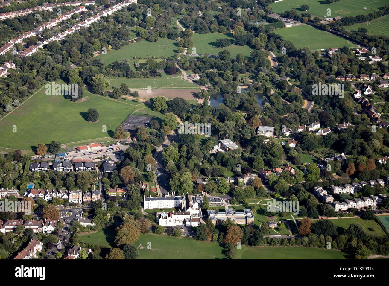 Aerial view east of Dulwich Park Boating lake Picture Gallery College Road College Road suburban houses London SE21 England UK Stock Photo