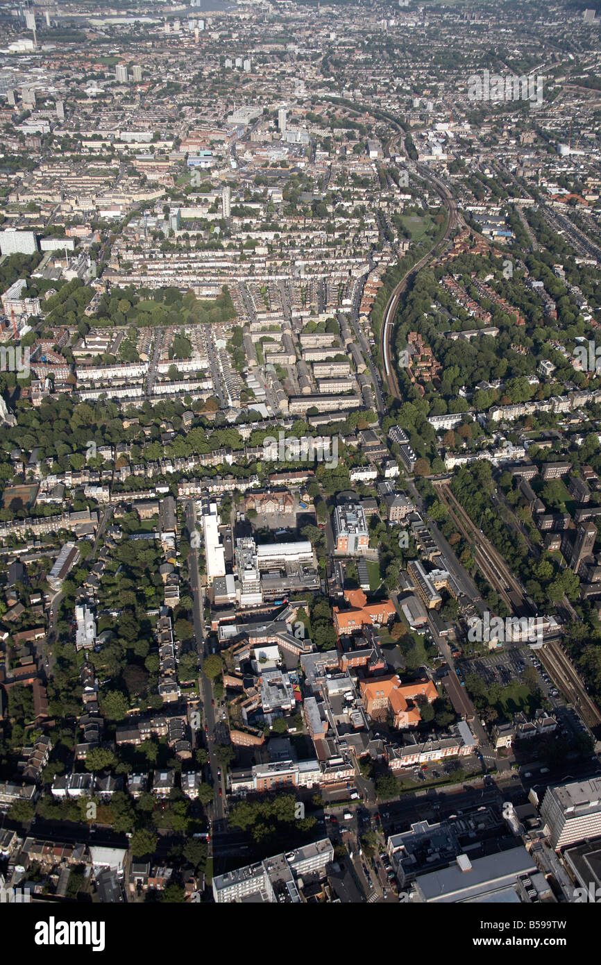 Aerial view north east of The Maudsley Hospital The Institute of Psychiatry suburban houses Denmark Hill Peckham London SE5 SE15 Stock Photo
