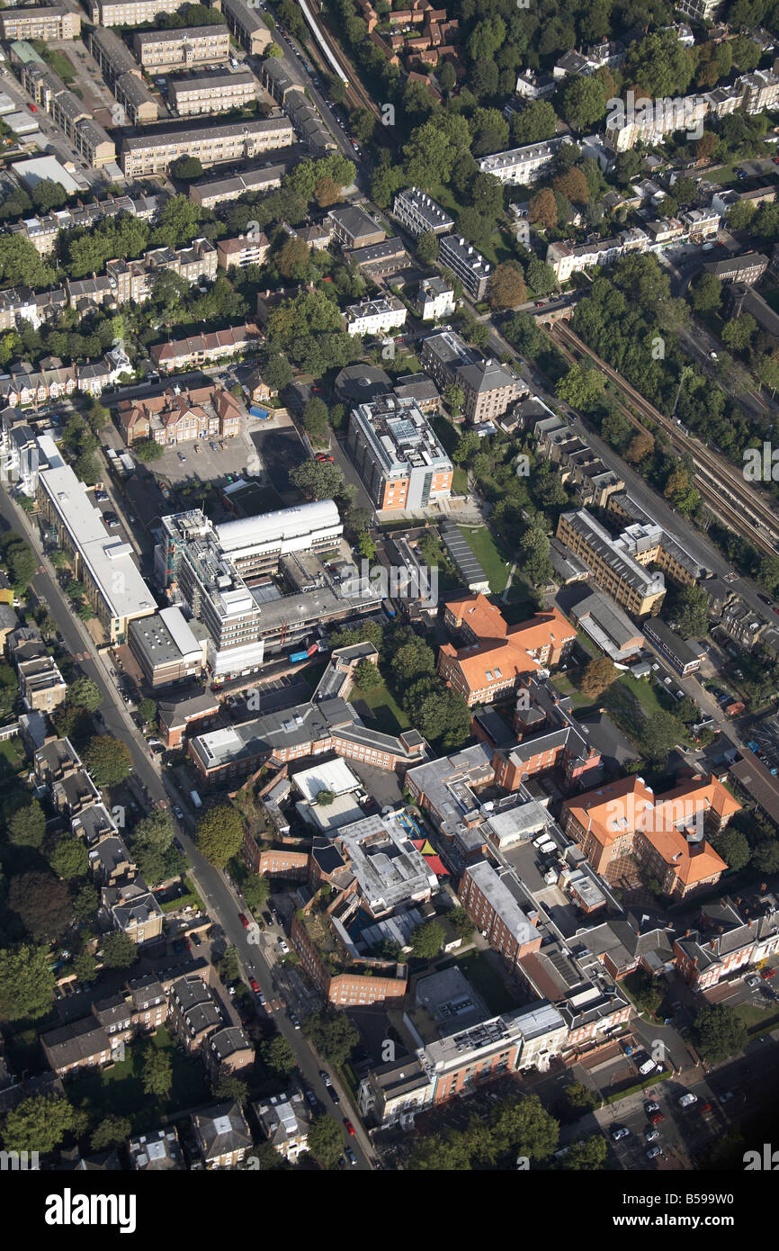 Aerial view south east of The Maudsley Hospital The Institute of Psychiatry suburban houses Denmark Hill Peckham London SE5 Stock Photo