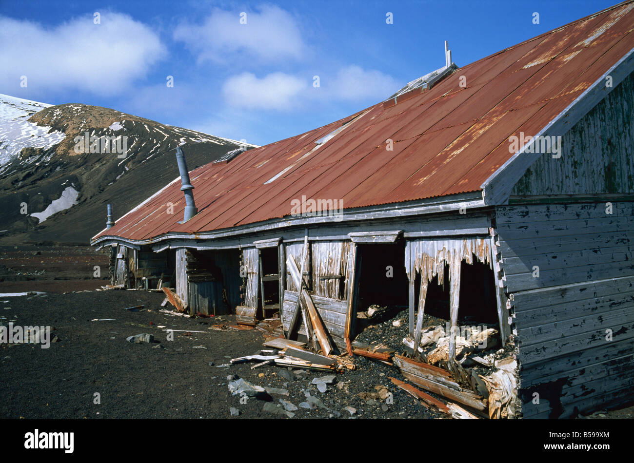 British hut destroyed in volcanic eruption Deception Island Antarctic Pensinsula Antarctica Polar Regions Stock Photo