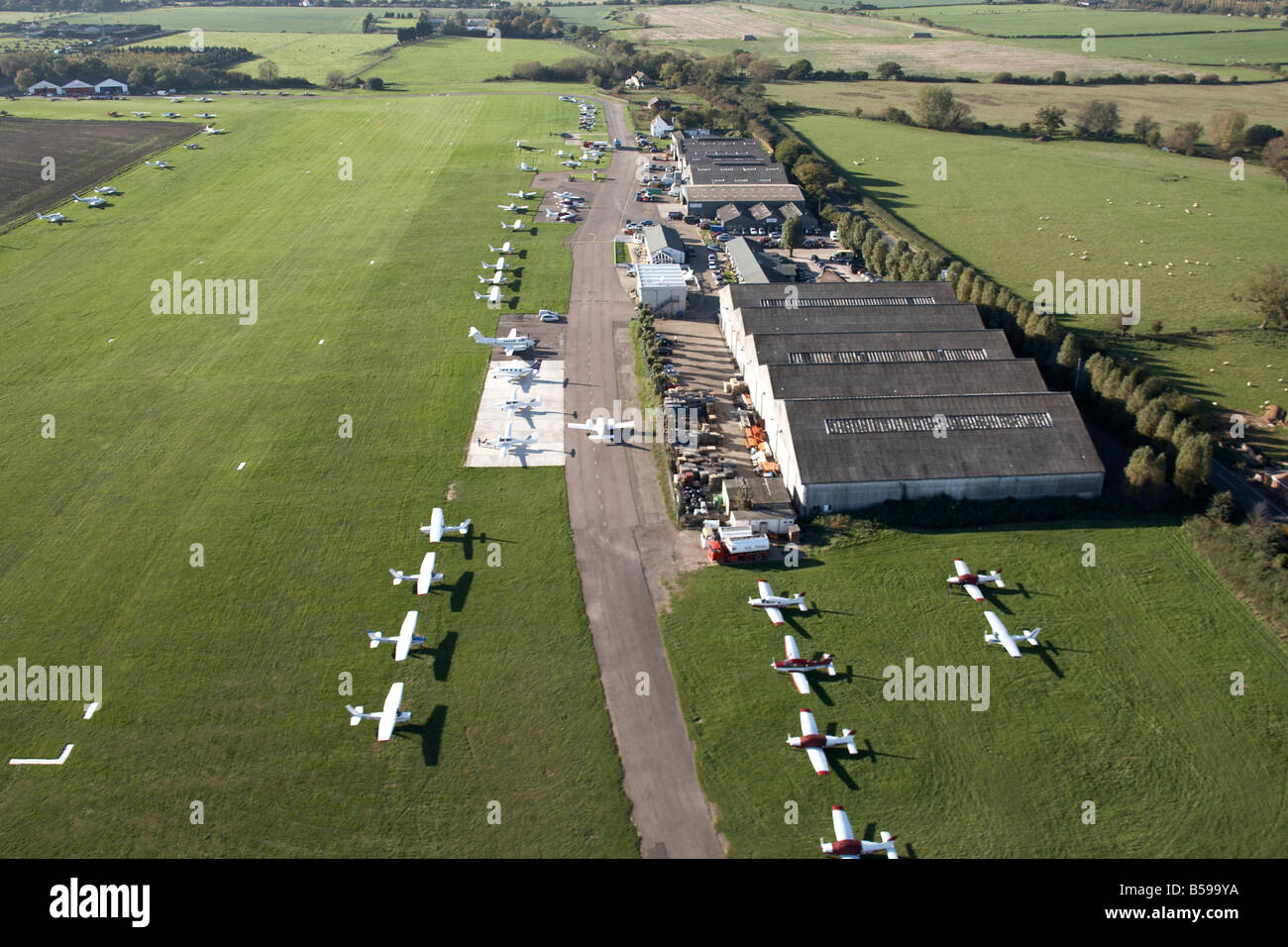 Aerial view north west of Stapleford Tawney Aerodrome aeroplanes Ongar Road country fields Romford Essex RM4 England UK Stock Photo