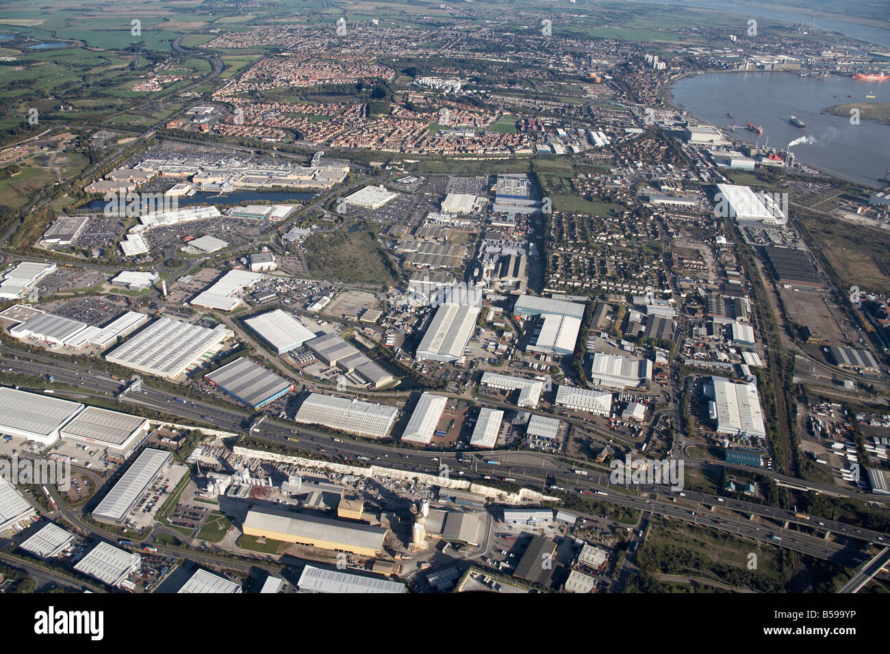 Aerial view south east of industrial estates retail parks Canterbury