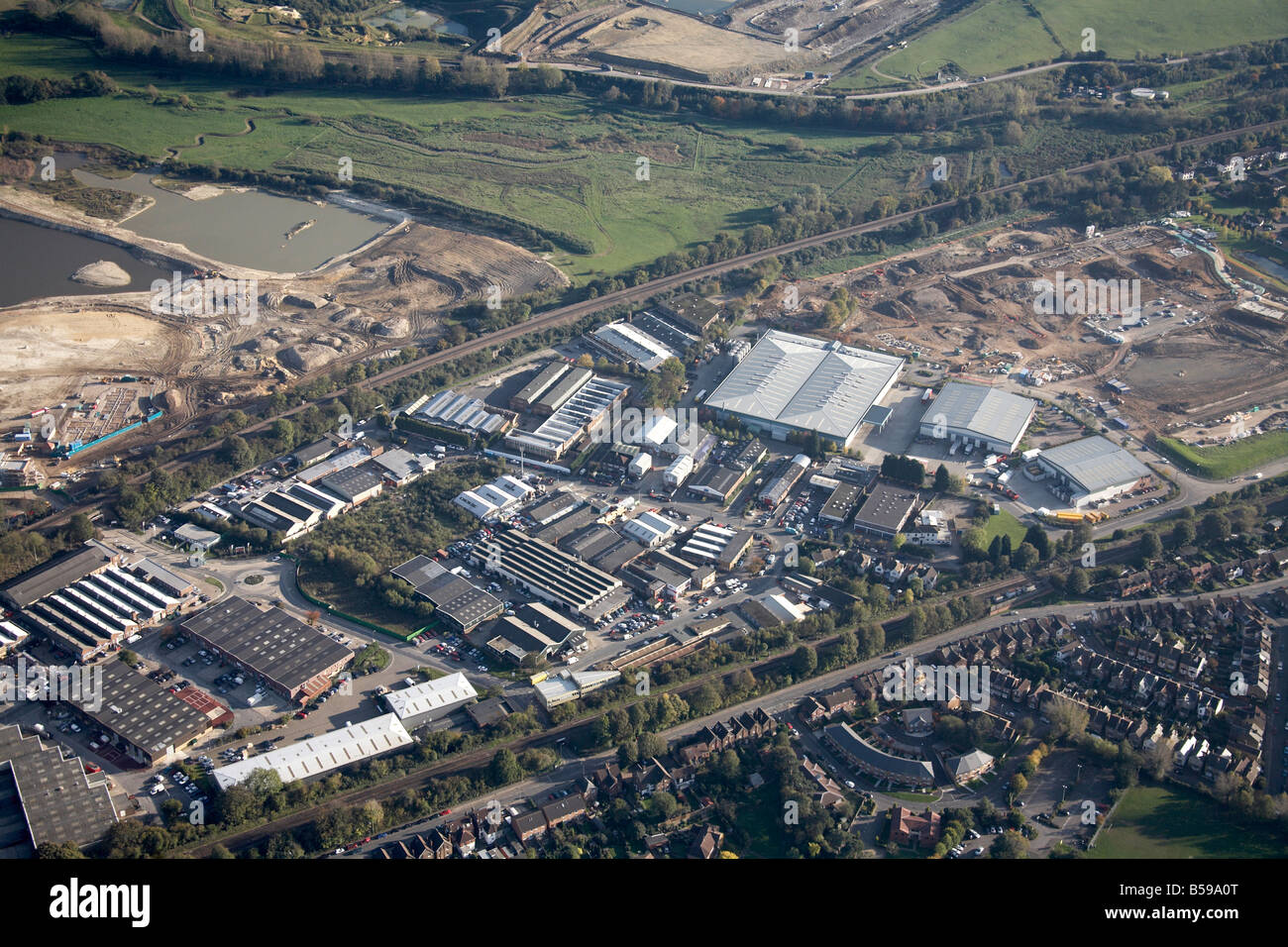 Aerial view south east of industrial estates construction site railway