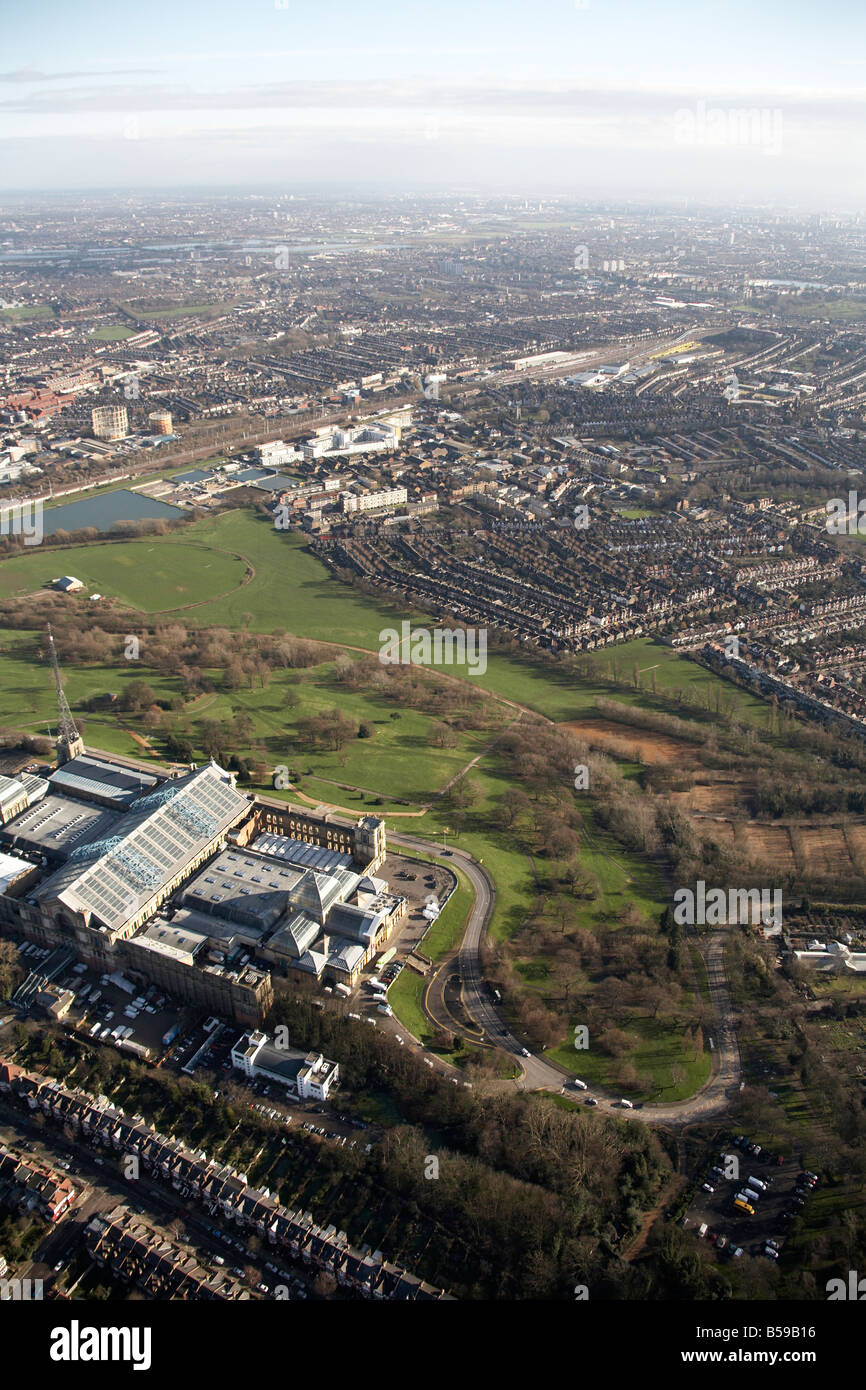 Aerial view south east of Alexandra Palace Park cricket club reservoir filter beds suburban houses Hornsey Muswell Hill London Stock Photo