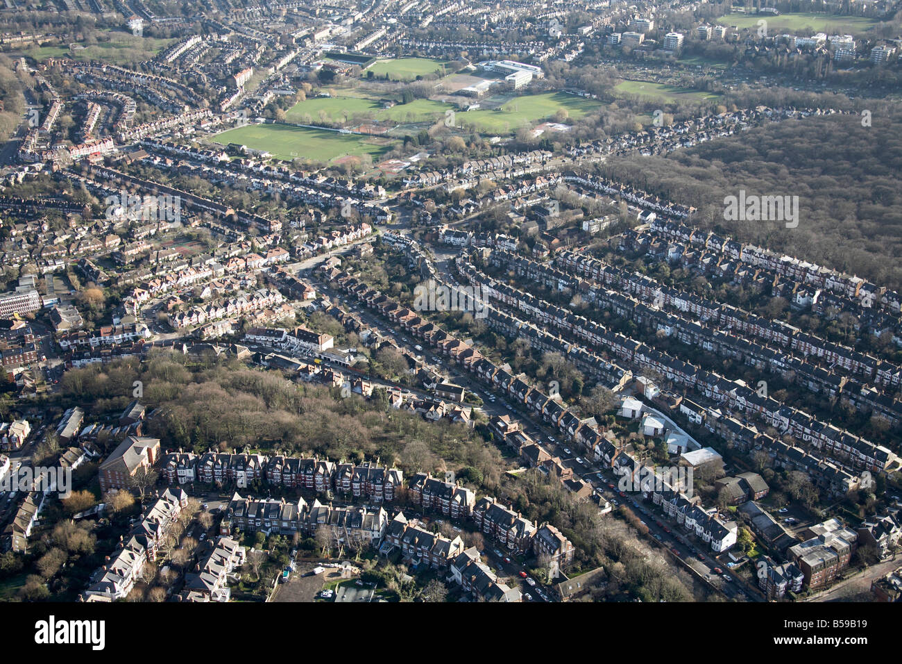 Aerial view south east of Hornsey Central Hospital Queen s Wood Parkland Wood suburban houses Muswell Hill Rd Cranley Gardens Stock Photo