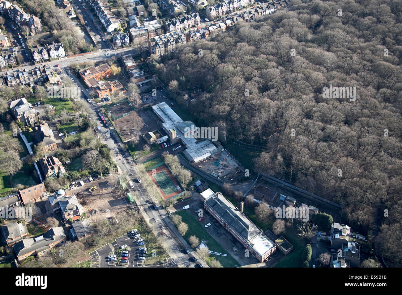 Aerial view south east of St James s C E Primary School Woodside Avenue Muswell Hill Road suburban houses Highgate Wood London N Stock Photo