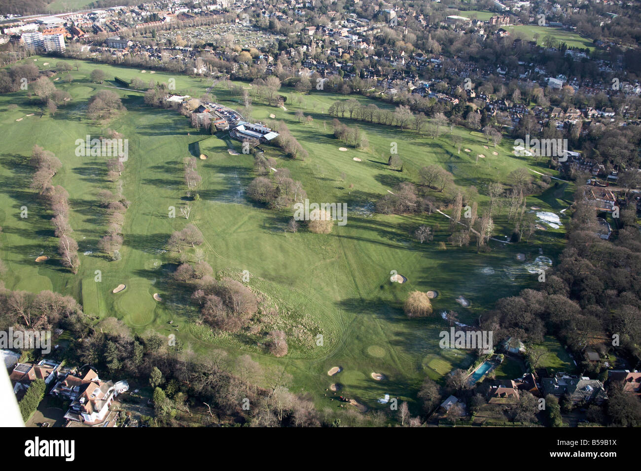 Aerial view south east of Highgate Golf Course club house suburban houses allotments Sheldon Avenue London N6 England UK Stock Photo
