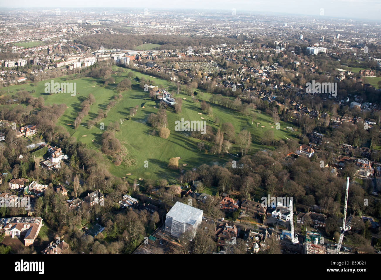 Aerial view east of Highgate Golf Course club house suburban houses The Bishop s Avenue London N6 N2 England UK Stock Photo