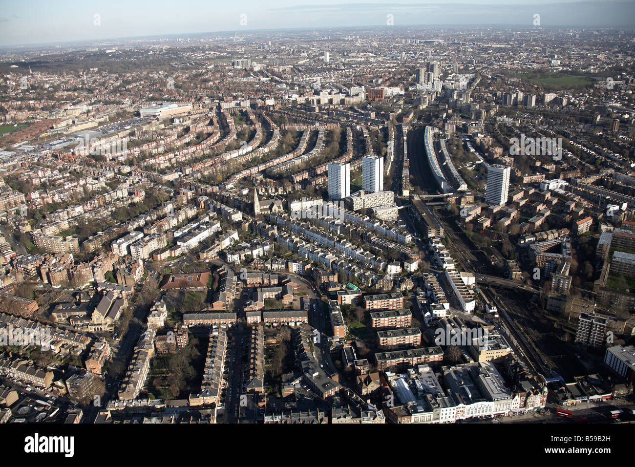 Aerial view north east of Kilburn High Road Priory Road shops suburban
