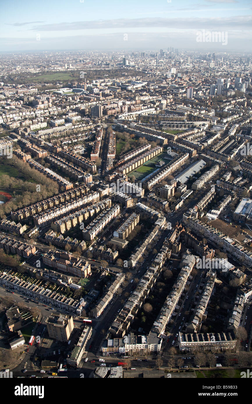 Aerial view east of suburban houses tower blocks Elgin Avenue Shirland