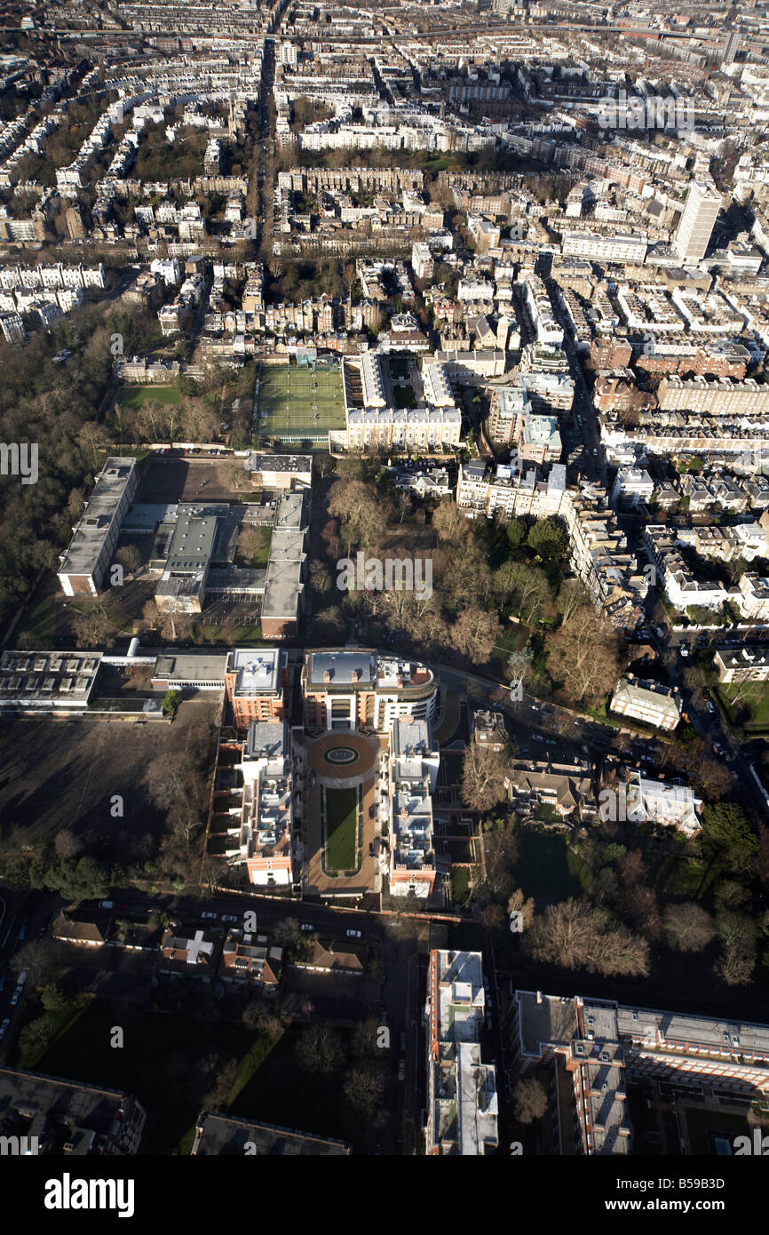 Aerial view north west of Queen Elizabeth College tennis courts suburban houses Campden Hill Rd Kensington Notting Hill London Stock Photo