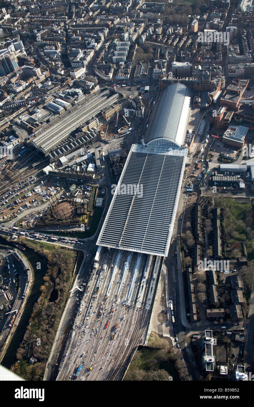Aerial view south east of King s Cross St Pancras Railway Stations Euston Rd Midland Rd inner city buildings Goodsway London NW1 Stock Photo