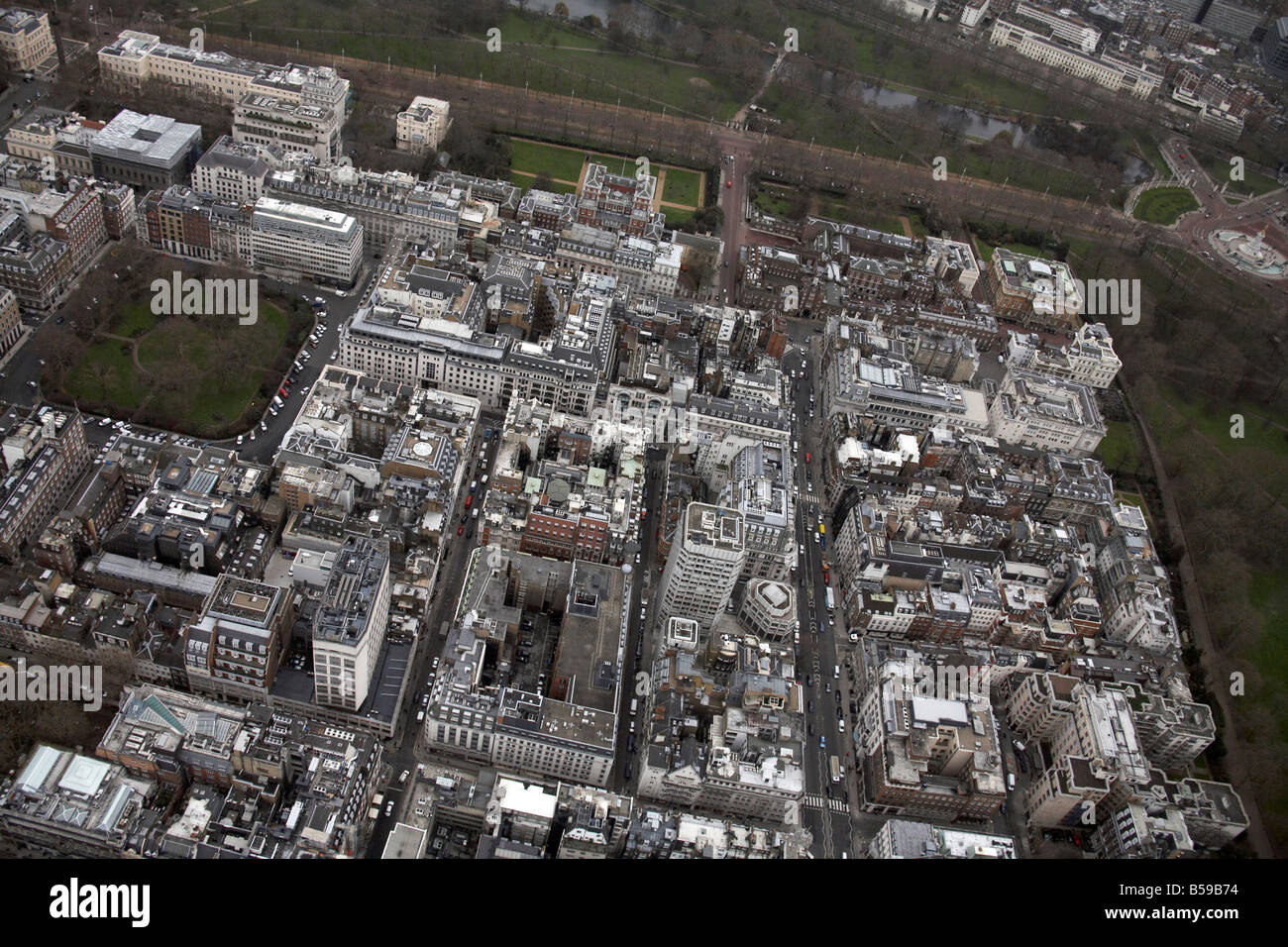 Aerial view south east of St James s Park Palace Square Street Piccadilly Clarence House inner city buildings London SW1 England Stock Photo