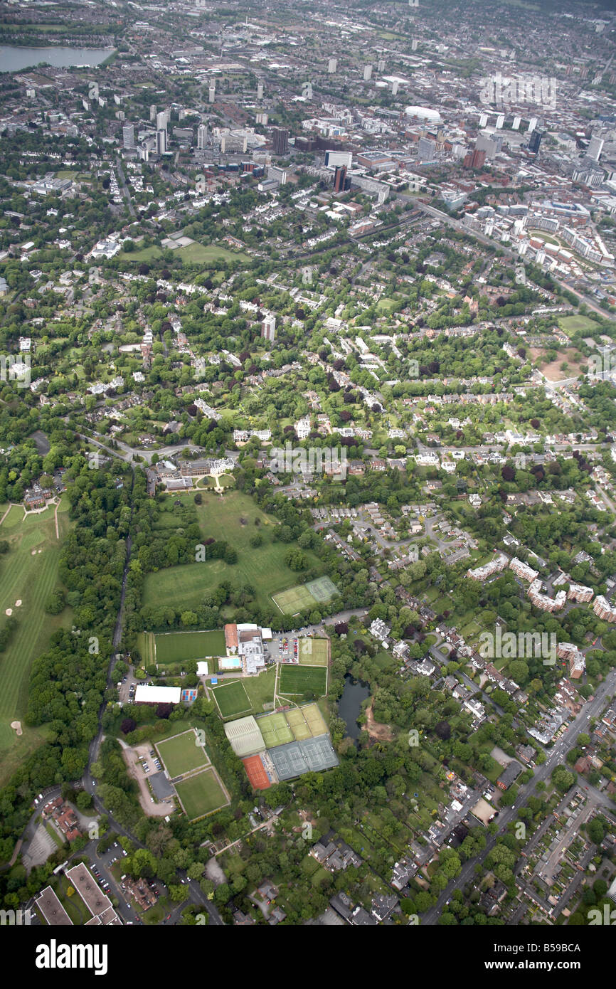 Aerial view north west of tower blocks university halls of residence sports fields tennis courts Priory Rd Wellington Rd Edgbast Stock Photo