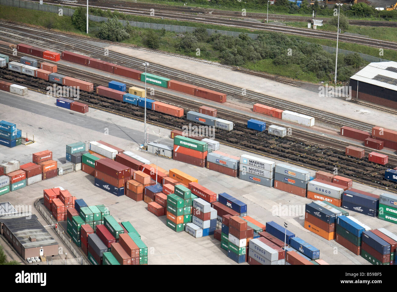 Aerial view south east of storage container yard railway lines Landor