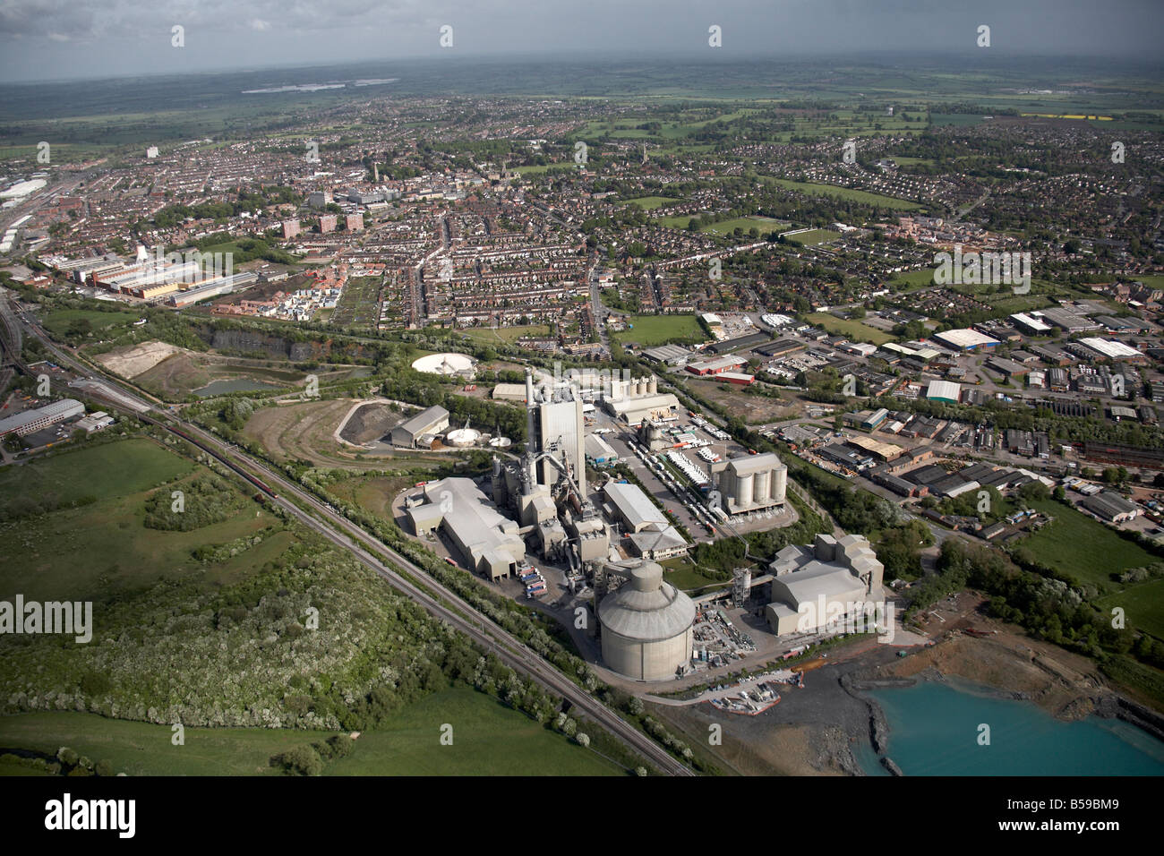 Aerial view south east of Rugby Brewary industrial estate suburban