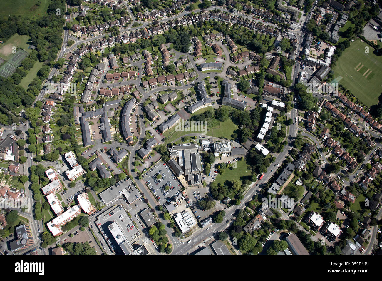 Aerial view south east of suburban houses Southgate Fire Station sports grounds High Street The Bourne A111 Road Barnet London N Stock Photo