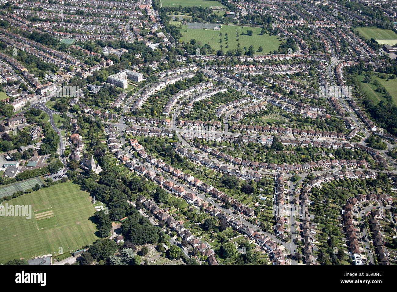 Aerial view south east of Southgate Cricket Club Glound suburban houses Morton Way Waterfall Road Minchenden Crescent London N14 Stock Photo