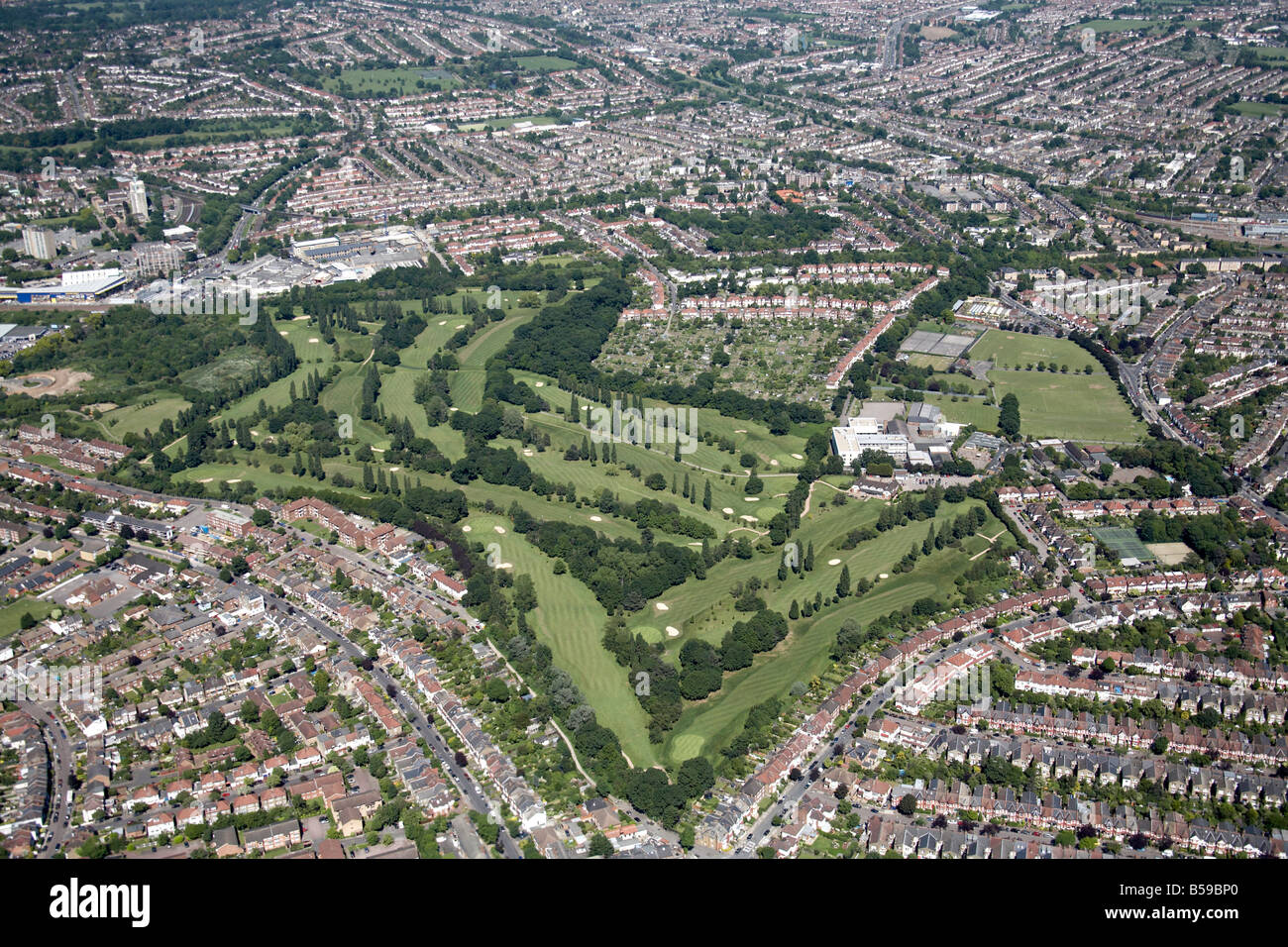 Aerial view north east of Muswell Hill Golf Course allotments suburban houses Alexandra Road Grosvenor Road London N11 N10 Stock Photo