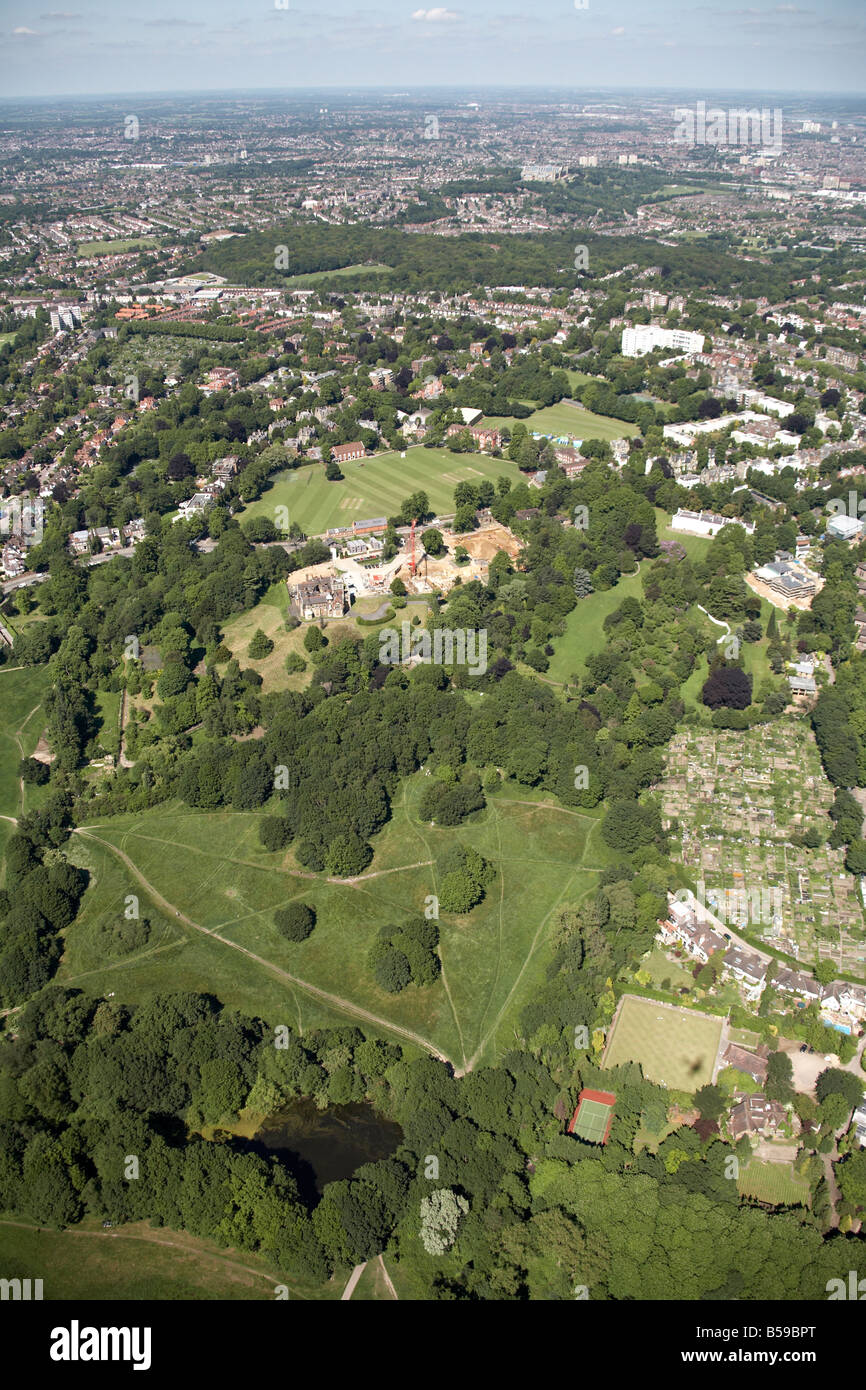 Aerial view north east of Hampstead Heath Athlone House allotments