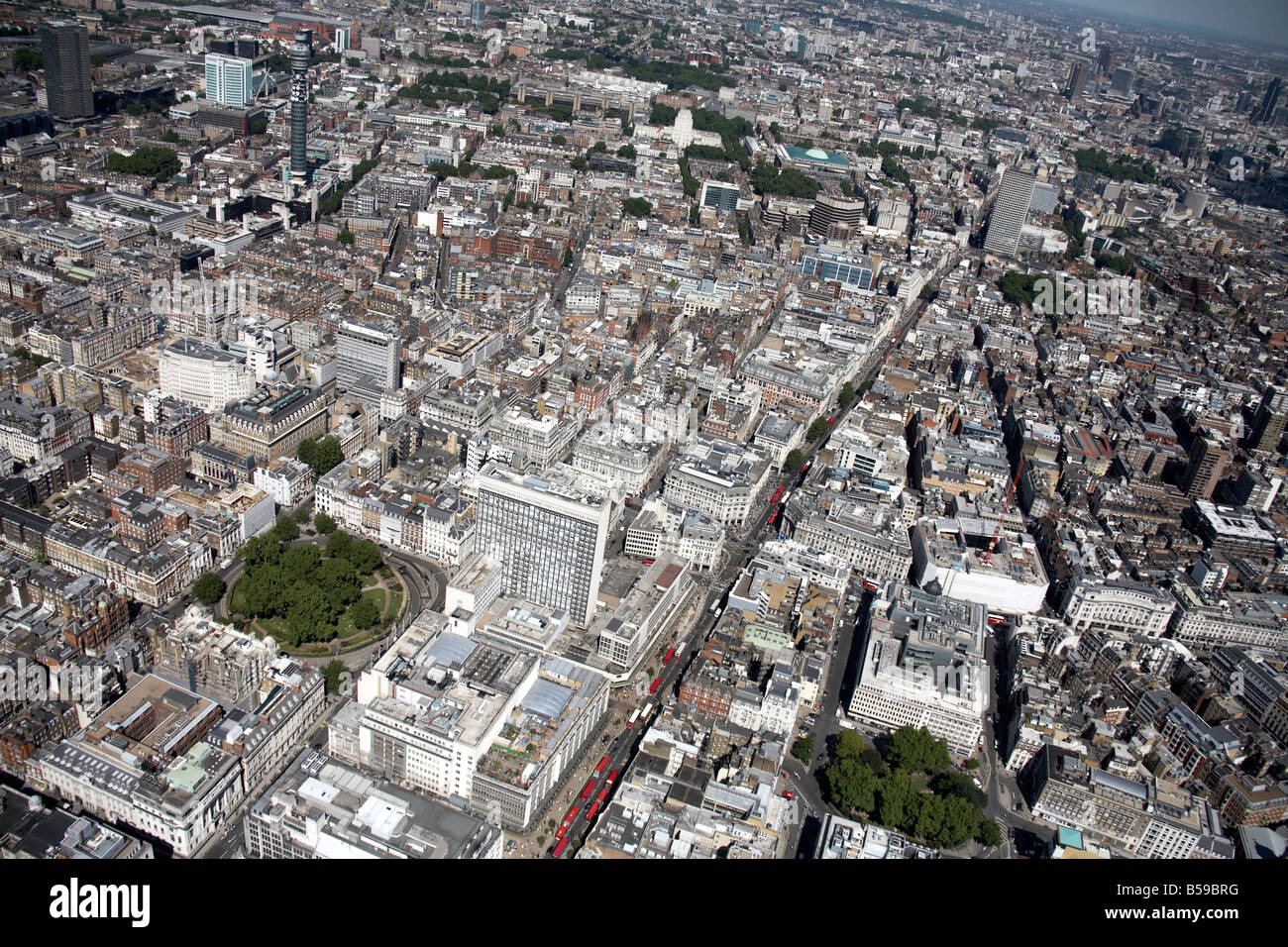 Aerial view north east of inner city buildings tower blocks Cavendish Square Oxford St Oxford Circus Regent St Hanover Square Stock Photo