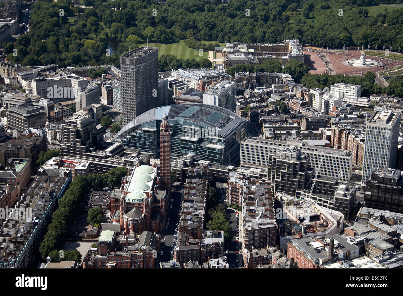 Aerial view north west of Buckingham Palace Green Park tower blocks Portland House Victoria Street Westminster Cathedral London Stock Photo