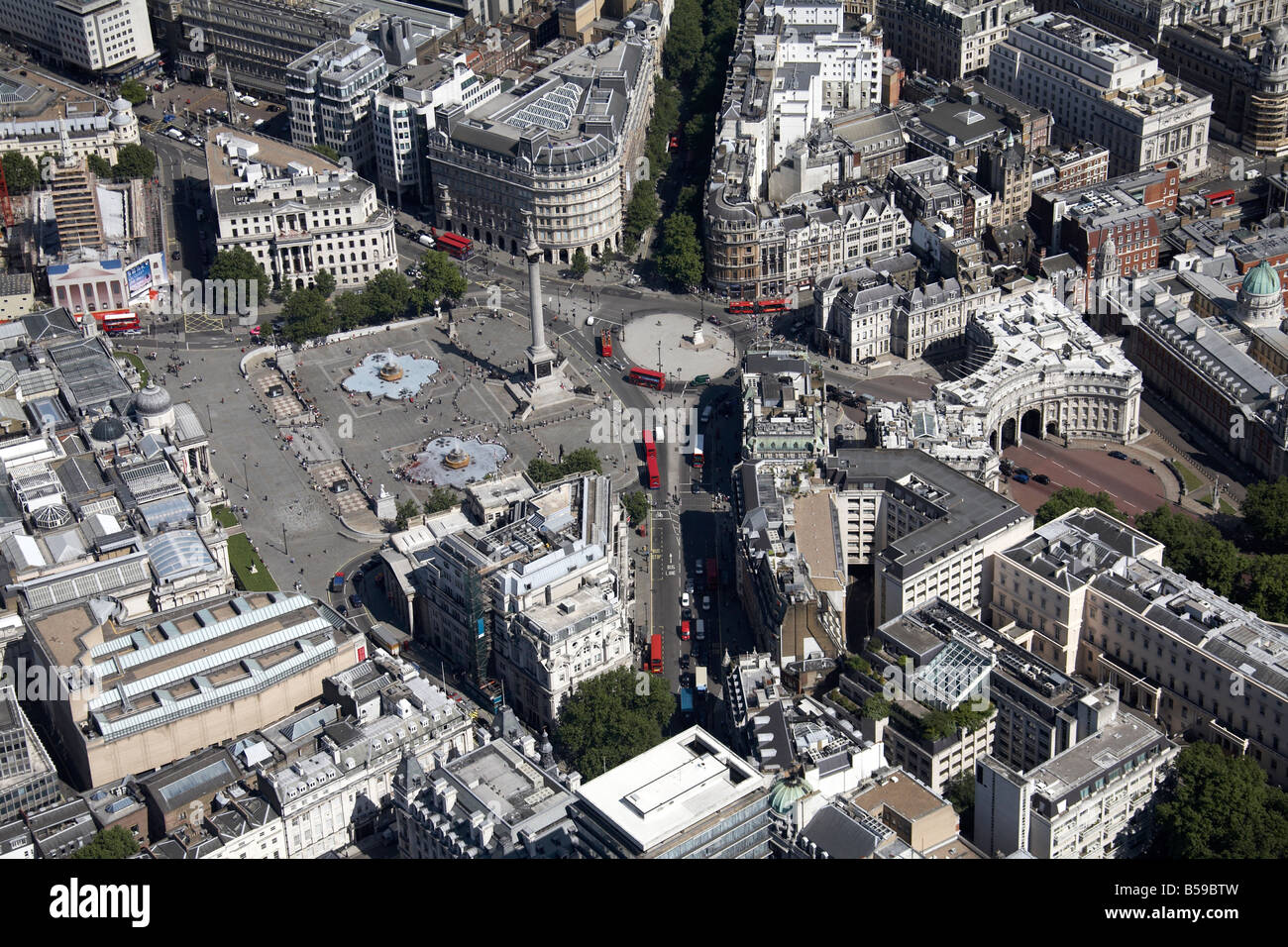 Aerial view south east of Trafalgar Square The Strand Whitehall Cockspur Street Nelson s Column National Gallery London WC2 UK Stock Photo