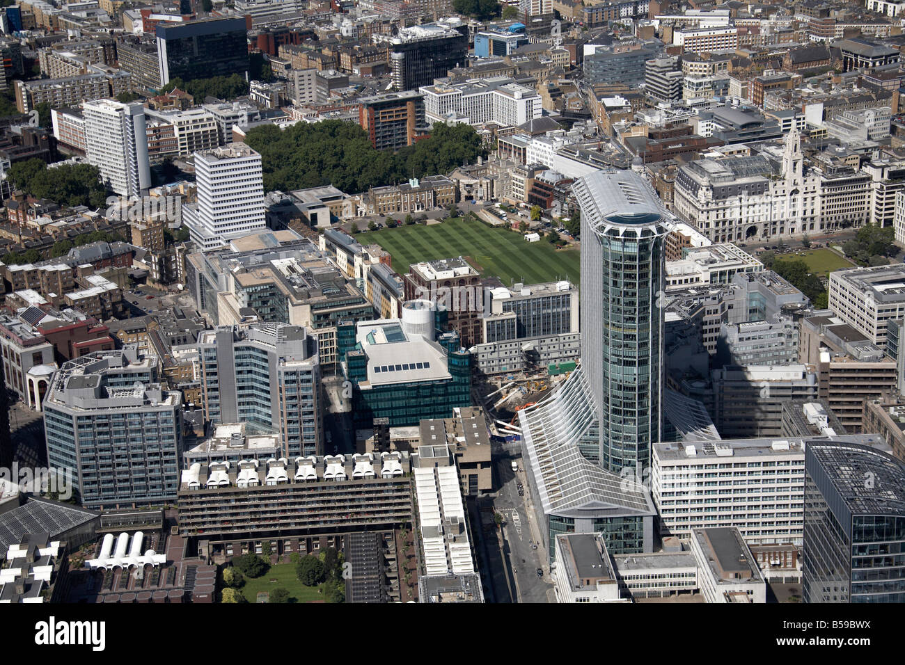 Aerial view north east of HAC Royal Artillery Gardens inner city tower blocks Guildhall School of Music and Drama City Point Lon Stock Photo