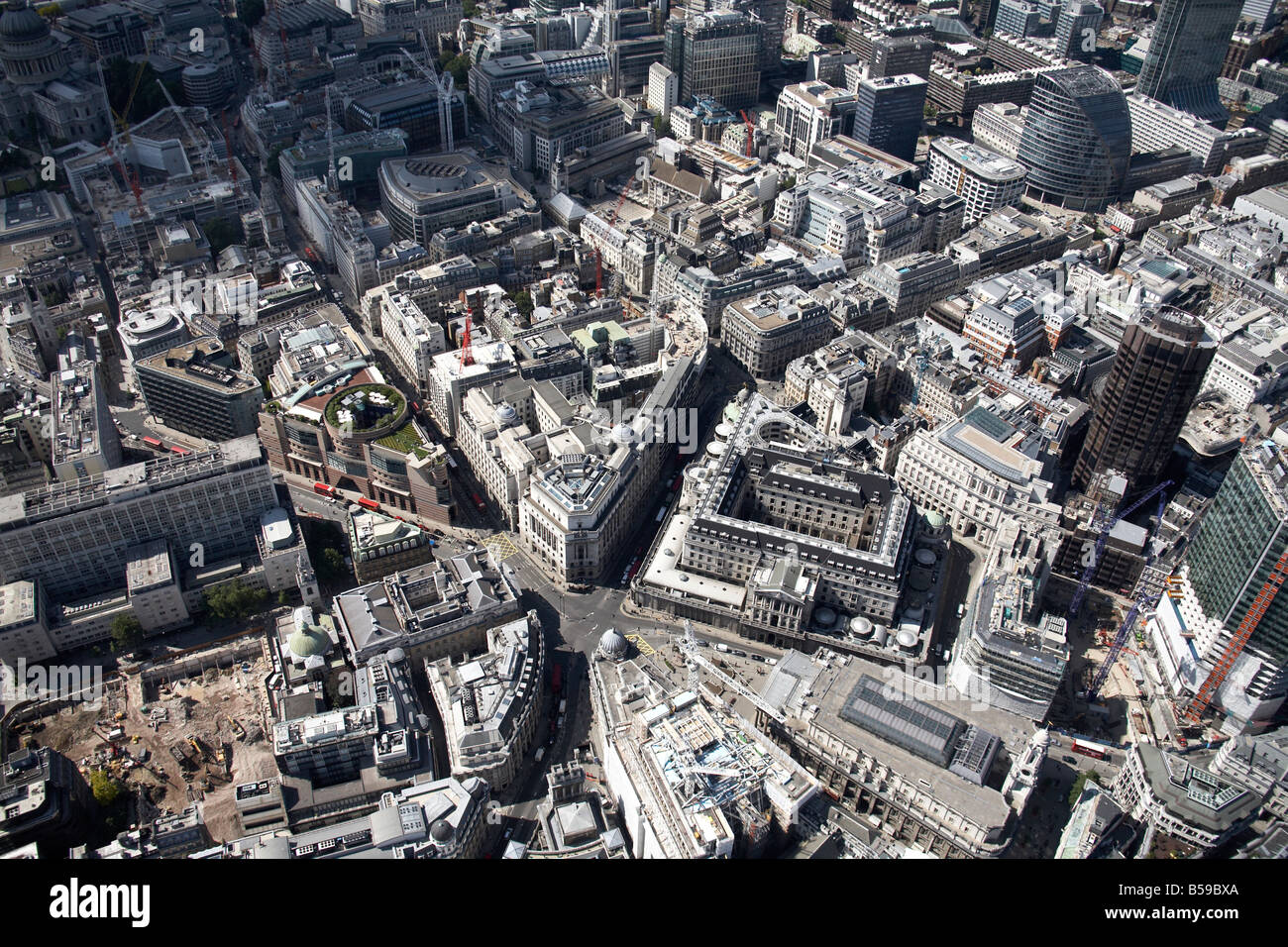 Aerial view north west of Bank of England Royal Exchange Mansion House