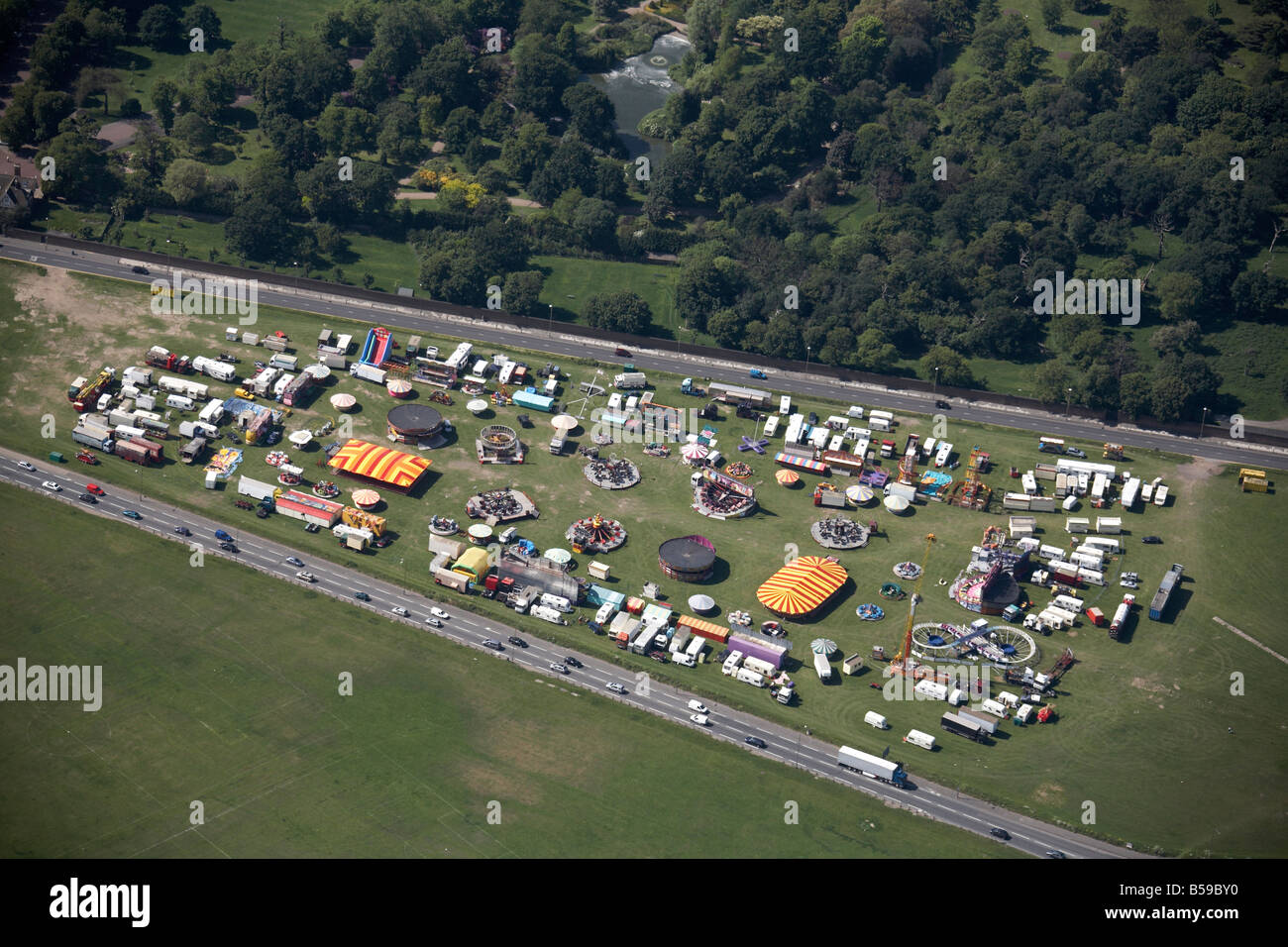 Aerial view north west of fun fare Black Heath Shooters Hill Charlton Way The Gardens Greenwich Park trees London SE3 England UK Stock Photo