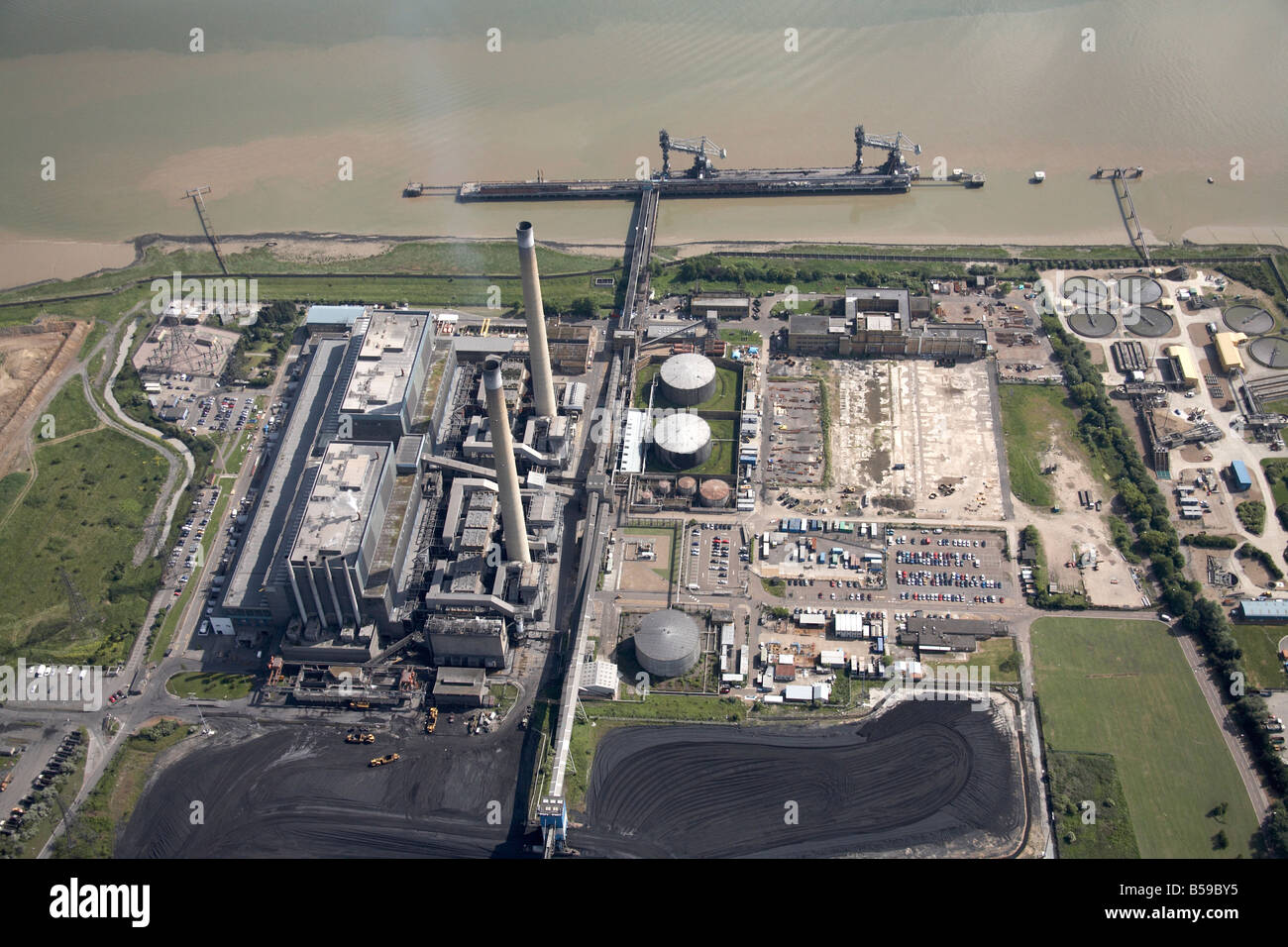 Aerial view south of Tilbury Power Station sewage works jetties River