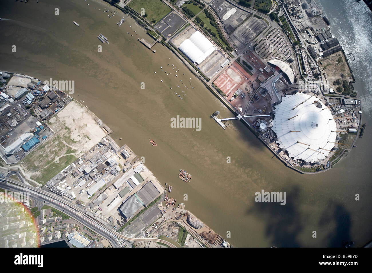 Aerial view south west of 02 Stadium North Greenwich River Thames Thames Wharf brewary Dock Road Canning Town London SE10 E16 UK Stock Photo