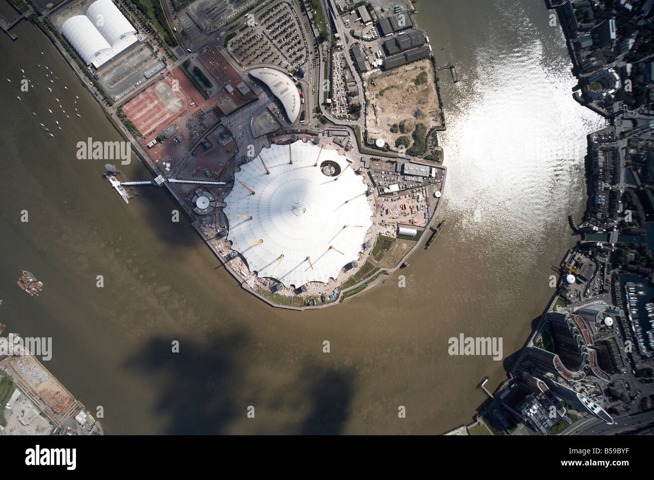 Aerial view south of 02 Stadium North Greenwich River Thames New Providence Wharf tower blocks Leamouth London SE10 E14 UK Stock Photo