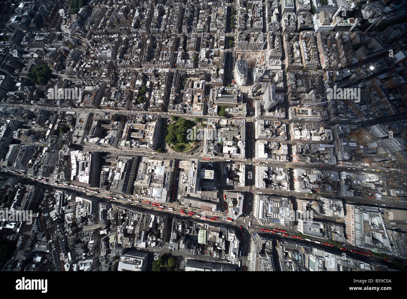 Aerial view north west of Oxford Circus Oxford Road Regent Street Cavendish Square Wigmore Mortimer Street London W1 England UK Stock Photo