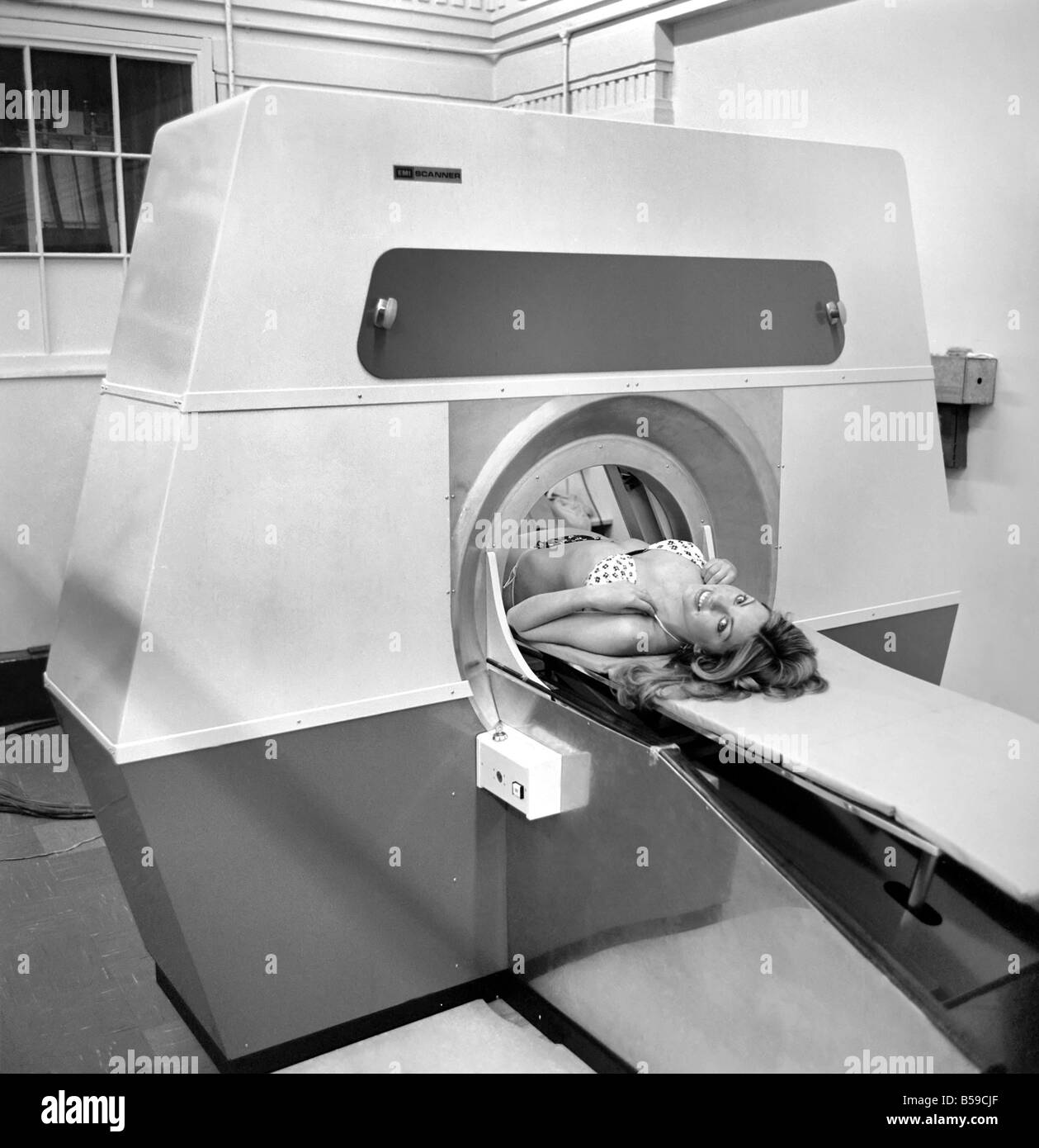 Model Gillian Duxbury in E.M.I. X-Ray scanner. April 1975 75-1905-002 Stock Photo