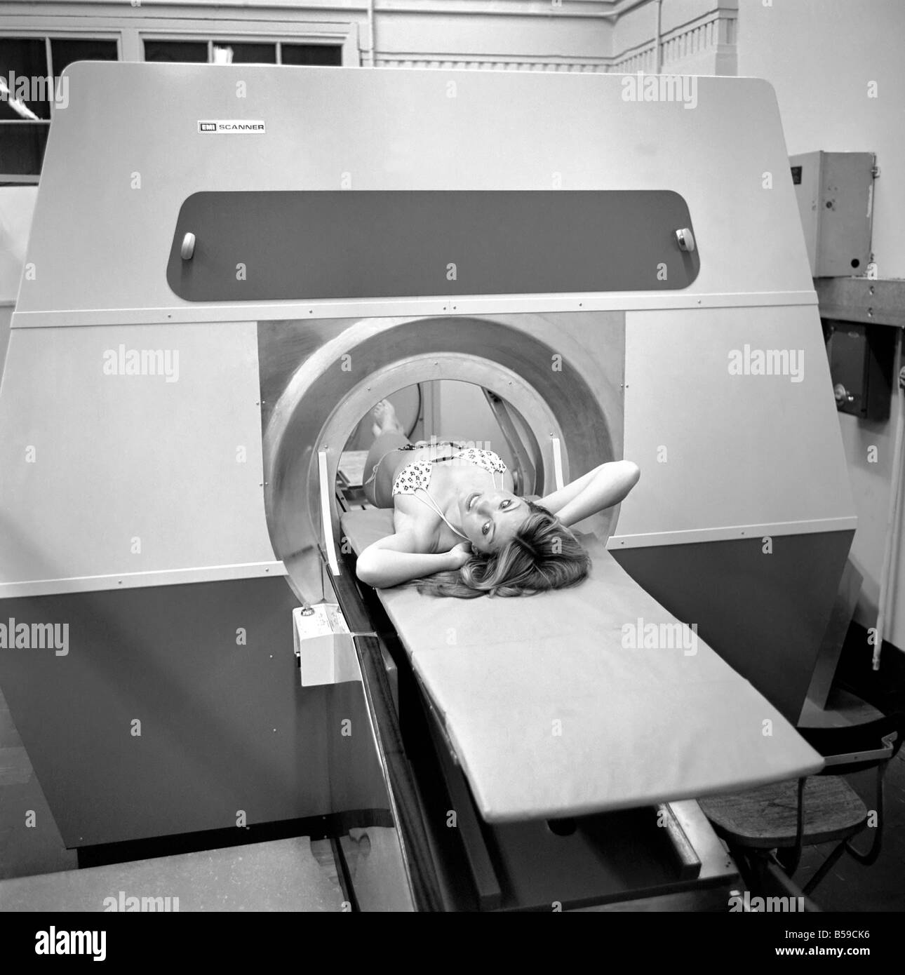 Model Gillian Duxbury in E.M.I. X-Ray scanner. April 1975 75-1905-006 Stock Photo