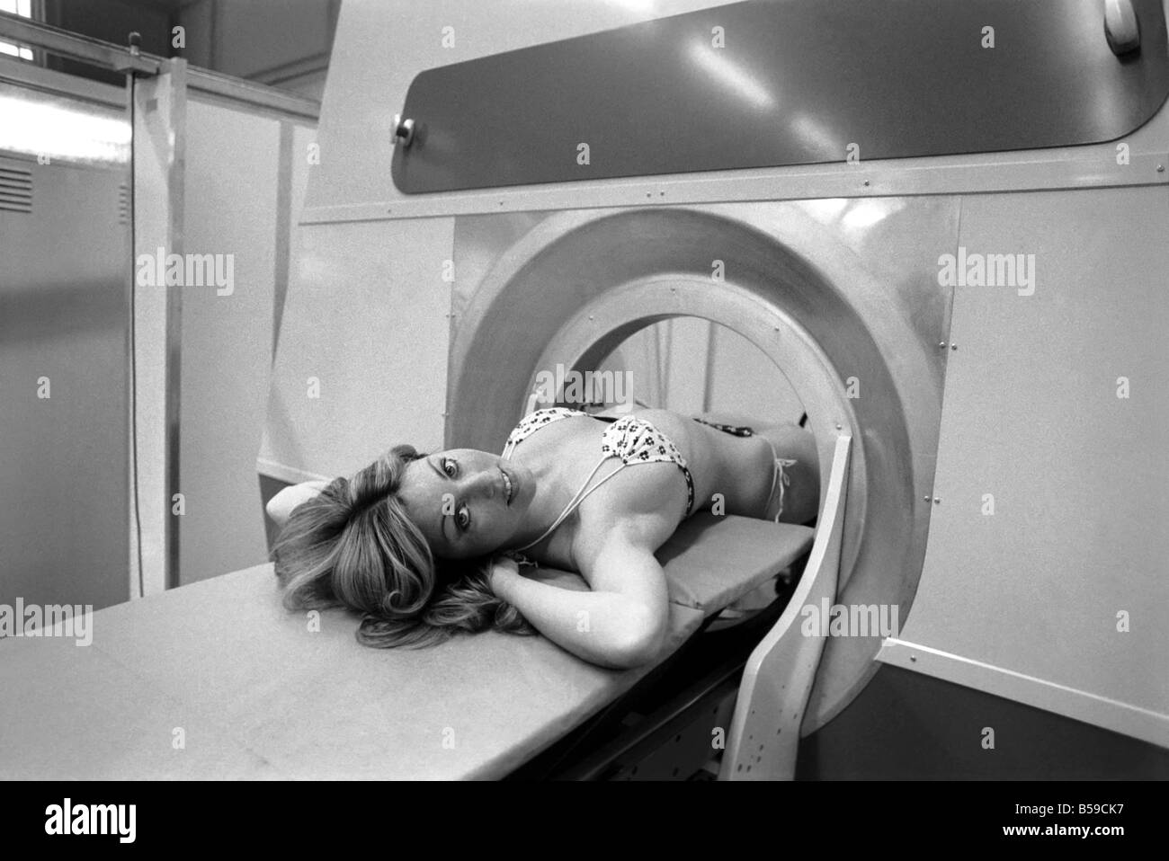 Model Gillian Duxbury in E.M.I. X-Ray scanner. April 1975 75-1905-007 Stock Photo