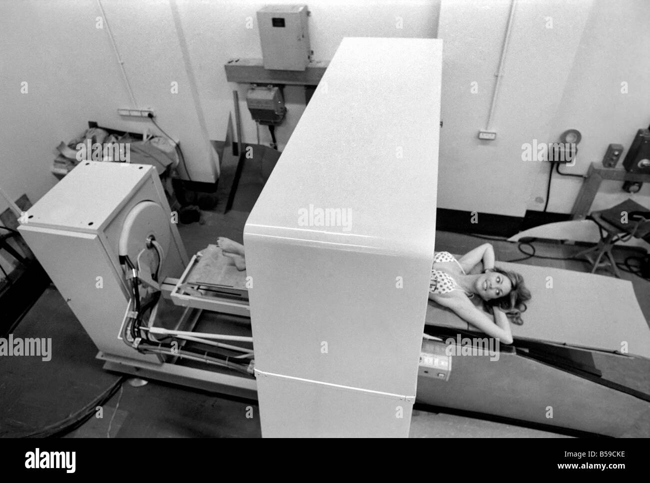 Model Gillian Duxbury in E.M.I. X-Ray scanner. April 1975 75-1905-009 Stock Photo