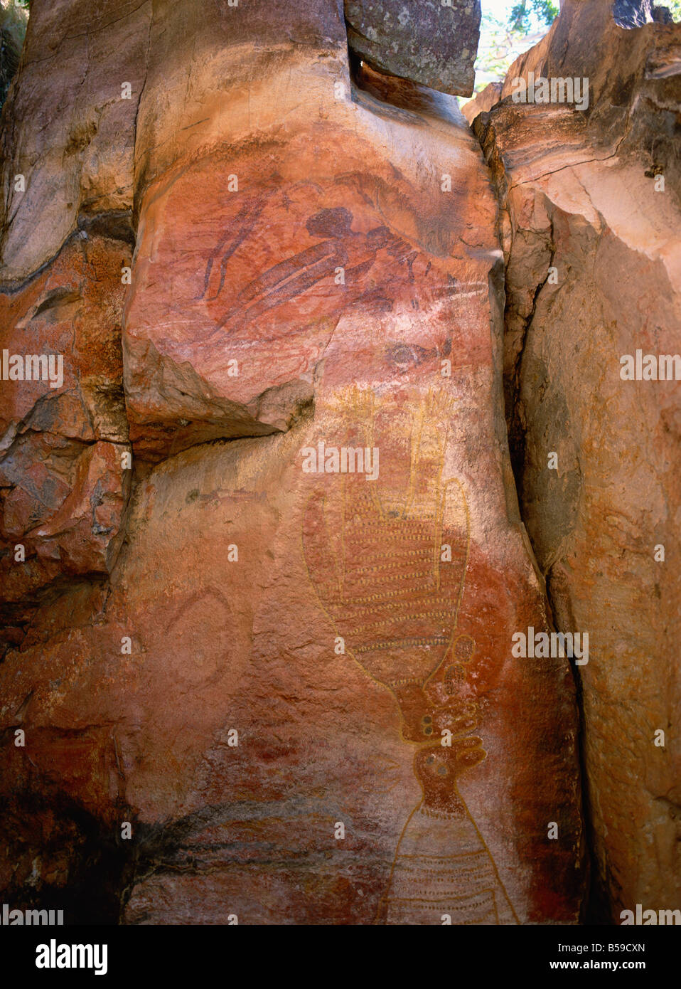 Aboriginal paintings in shaded rock cavity near King Edward River Kulumburu Road Kimberley West Australia Australia Pacific Stock Photo