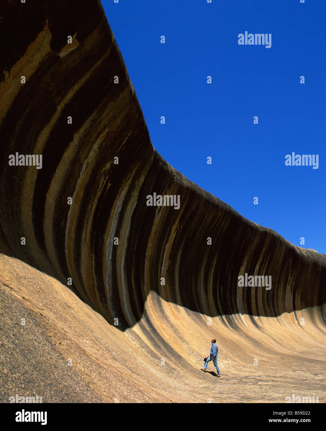 A man gazing up at Wave Rock at Hyden Western Australia Australia Pacific Stock Photo