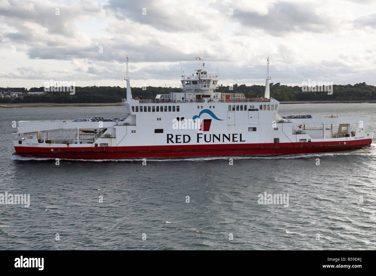 Red Funnel car and vehicle ferry sailing on Southampton Water in evening light England UK Stock