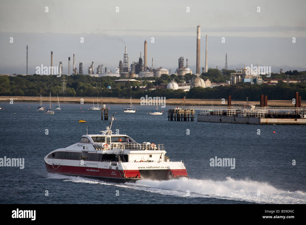 Red Funnel ferry and Fawley oil refinery and natural gas terminal and