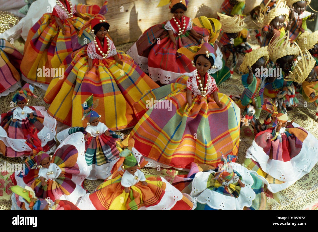Dolls in Martinique dress, on display for sale, Fort de France, Martinique, Windward Islands, West Indies, Caribbean Stock Photo